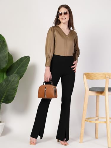 Image of Style Quotient Women Black Self Design Polyester Regular Smart Casual Top