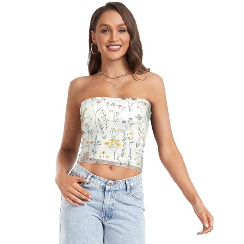 Camiseta corta sin tirantes para mujer, diseño de flores silvestres y de colores pastel para mujer, camiseta de tubo de malla, camisetas de tubo sexy (S), Flores silvestres de colores pastel, M