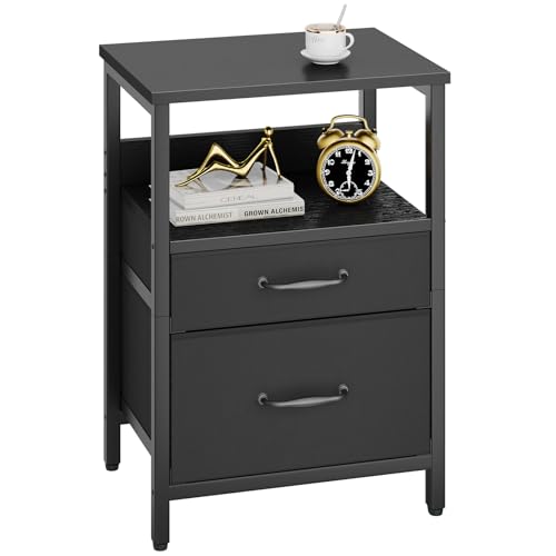 YMYNY Mesita de Noche, Mesa Auxiliar de Sofá, Mesilla de Noche con 2 Cajones de Tela, 2 Estante Abierto, Estilo Moderno, Mesa Pequeña de Centro, Mesa de Café, para Dormitorio, Salón, Negro HST011B