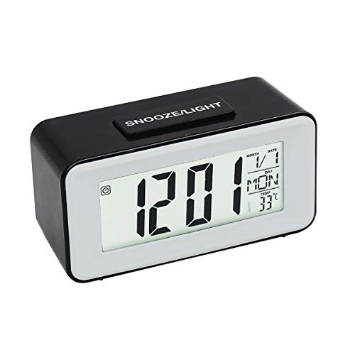 HAPITO Digtal Alarm Clock for Bedrooms - Sound Activated Backlight, Snooze, Time/Date/Temperature Display, 12/24 Hr and 16 World Time Zones for Kids, Desk, Bedside, Travel (Black)
