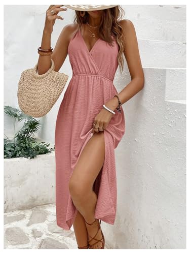 Image of SweatyRocks Women's Tie Backless Split Midi Dresses Sleeveless V Neck Textured Summer Dress
