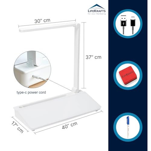 Image of LifeKrafts Glass Dry Erase Desktop Board with Swing Arm LED Lamp| 40x17 cm Non-Magnetic Whiteboard with Storage Tray| Includes 1 Pen & 1 Eraser| Ideal for Home Office, Study, and Work Desk- Pack of 1
