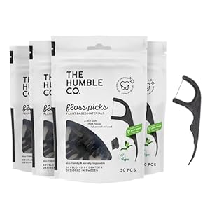 The Humble Co. Floss Picks (200 Count) – Plant Based Dental Floss Picks for Superior Oral Care, Dental Hygiene, and Gum Health, Cruelty Free Tooth Floss Picks (Charcoal, Single Thread)