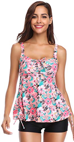 SHEKINI Donna Costumi da Bagno Due Pezzi Stampati Floreale Swimdress Tankini Top con Pantaloncini Bikini Imbottito Elegante Regolabile Halter Costumi da Spiaggia (S, Pesco)
