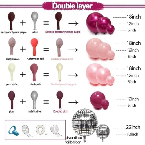 Image of Purple Pink Balloon Arch Double Stuffed Burgungy Pink Pearl Balloons Plum Silver Disco Balloon Garland for Birthday Prom Bridal Shower Mother's Day Wedding Music Theme Party Decoration
