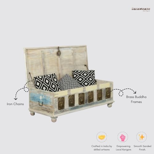 Image of Jaio Wooden Trunk Box for Storage | Solid Wood Coffee Table for Living Room | Handcrafted Center Tea Table with Sandook Storage for Living Room | Pitara for Home & Bedroom (White Reclaimed)
