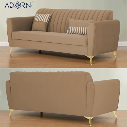 Image of Adorn India Premium Luster 3-2-1 Sofa Set | Velvet Suede Fabric | 3-Year Warranty | Color Camel with Golden Legs & Striped Pattern Cushion
