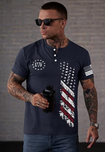 Men's Patriotic Henley Shirts Muscle Distressed American Flag 1776 Vintage T-Shirts (S-3XL)4