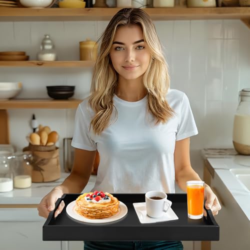 Bamboo Serving Tray with Handles, Wooden Breakfast Tray for Food, Snacks, Dinner, Home Decorative Storage, Platter, Ottoman, Kitchen Counter, Bathroom, Restaurant (Black) - Image 7