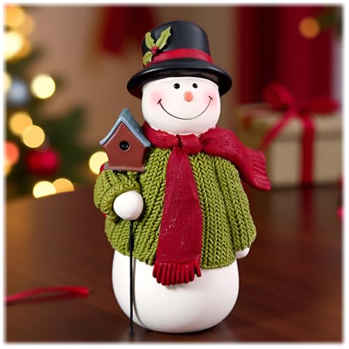 Snowman Figurine Christmas Decorations – 4.25” Resin Snowman with Birdhouse, Indoor Winter Vintage Christmas Decor for Home, Table, Shelf, Small Christmas Ornament