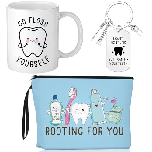 Reginary 3 Pcs Dentist Gifts Bulk for Women Men Dentist Gifts Dental Makeup Bag Mug Keychain for Thank You Coworker