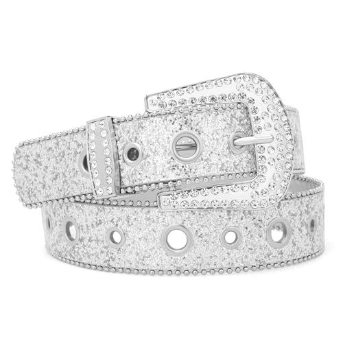 Rhinestone Belt for Women, Y2K Sequin Silver Buckle Statement Bling Belt for Jeans