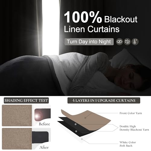 Image of Blackout Dark Flax Curtains 60 Inches Extra Wide Linen Curtain 84 Inch Length for Living Room, Pinch Pleated Farmhouse Bedroom Boho Brown Thermal Thick Drapes 7FT for Winter (60 inchW x 84 inchL 2 Panels)