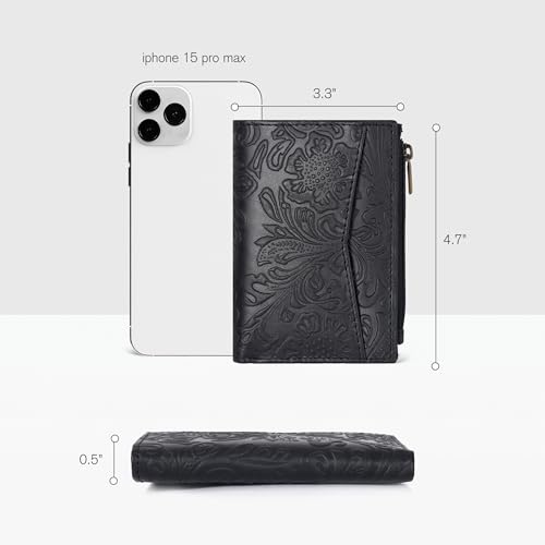 Image of Oak Leathers Leather Wallet For Women - Small RFID Coin Purse Credit Card & ID Holder for Ladies, Gift for Women's, Bifold Wallets (Crazy Horse Black Flower)