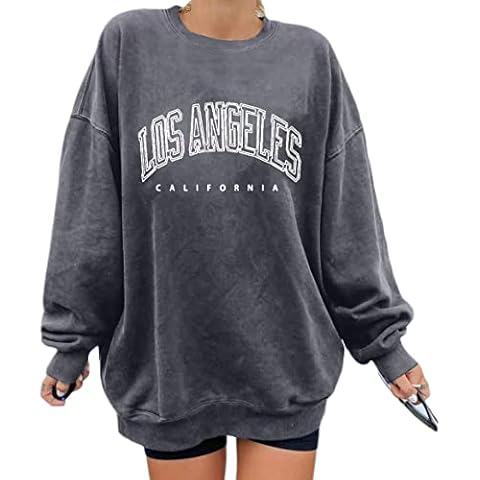 Minetom Damen Sweatshirt ohne Kapuze Los Angeles Vintage Drucken Oversized Langarmshirt Rundhals Pullover Tops Teenager Mädchen Lockerer Oberteile Hip Hop Top Casual Mode Brief Print Shirt A Grau L Cover