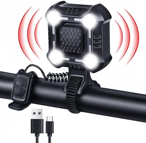 EQIIO 140dB Electric Bike Horn with Headlight, 2 in 1 Bicycle Horn 6 Sound Modes USB-C Rechargeable, Bike Bell with Large Range Floodlight Bike Horn for Adults Kids Bike Scooter Ebike, IPX6 Waterproof