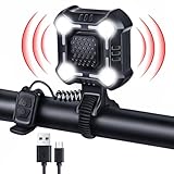 EQIIO 140dB Electric Bike Horn with Headlight, 2 in 1 Bicycle Horn 6 Sound Modes USB-C Rechargeable, Bike Bell with Large Range Floodlight Bike Horn for Adults Kids Bike Scooter Ebike, IPX6 Waterproof
