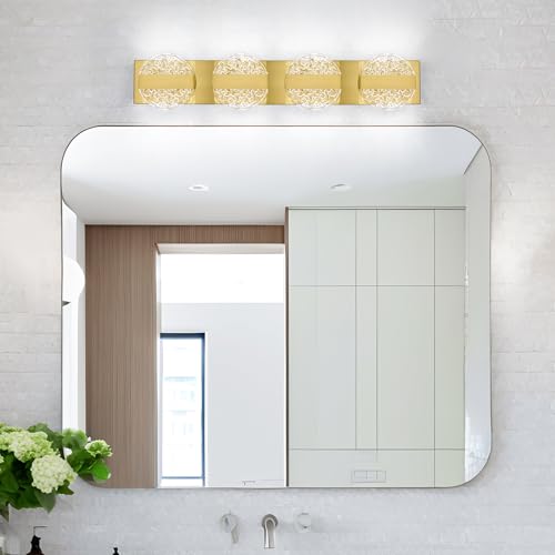 Image of Luxury Brushed Gold Bathroom Vanity Light with High CRI 90+ LED for True Colors, 20W 6000K Cool White Modern Bathroom Lights Fixture Over Mirror for Makeup & Shaving