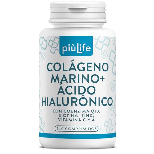 Colageno Hidrolizado Marino Con Acido Hialuronico Y Vitamina C PiùLife, 240 Comprimidos, 2000 mg Colageno Marino Puro Con Q10 Y Antioxidantes, Suplemento Piel Cabello Y Uñas