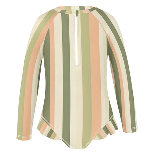 Green Beige Stripes Girls Long Sleeve One-Piece Swimsuit UV Protection Swimwear Bathing Suit 208605472