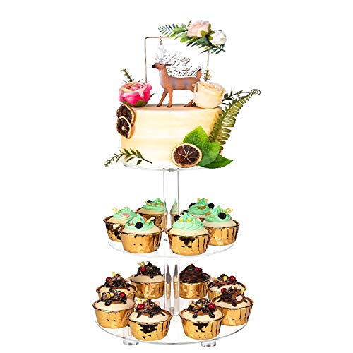 YestBuy 3 Tier Round Cupcake Stand with Base, Acrylic Cake Stand, Cupcake Tower Stand, Premium Cupcake Holder for 28 Cupcakes, Display for Pastry Wedding Birthday Party (4.7" Between 2 Layers)