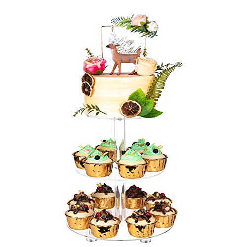Super Sale 🛒 YestBuy 3 Tier Round Cupcake Stand with Base, Acrylic Cake Stand, Cupcake Tower Stand, Premium Cupcake Holder for 28 Cupcakes, Display for Pastry Wedding Birthday Party (4.7" Between 2 Layers)