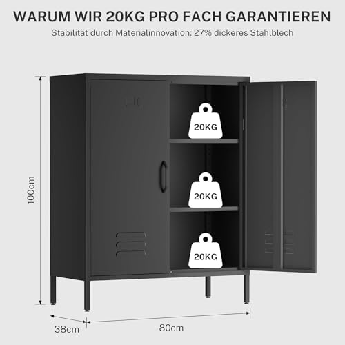 Commode en Métal Noire à 3 Compartiments et Étagère Réglable 100x80cm