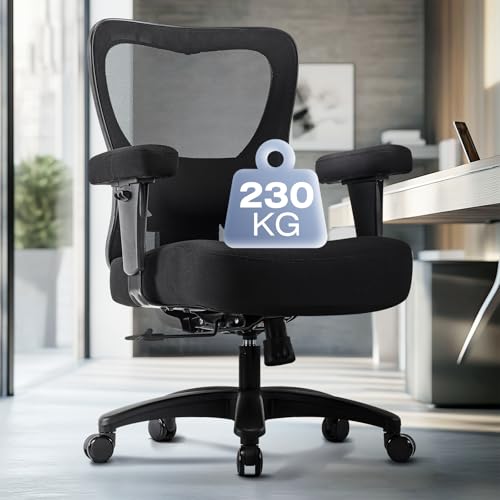 Hellove Bürostuhl Ergonomisch 230KG, Schreibtischstuhl mit Verstellbarer Armlehnen und Lendenwirbelstütze, Drehstuhl mit 50cm Große Sitzfläche Computerstuhl Mesh-Stuhl für Homeoffice Wippfunktion