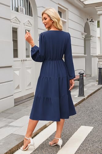 ECOWISH Women 2025 Casual Tie Front Pleated Long Sleeve Dresses Elastic Waist Tiered Ruffle Flowy Midi Dress with Pockets4