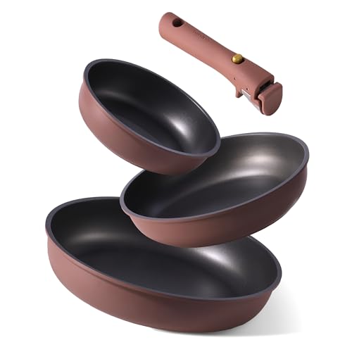 Image of CAROTE 4pcs Non Stick Frying Pans, 8"+10"+12” Frying Pan Egg Pan Omelet Pans with Detachable Handle, Nonstick Cookware, PFOA Free, Induction Compatible & Oven Safe, Dishwasher Safe, Red