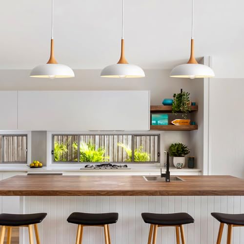 White Modern Farmhouse Pendant Lights Pendant Light Fixtures Faux-Wood Small 12.6 inch - Image 3