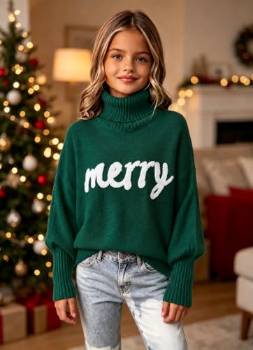 Girls Christmas Sweater Turtleneck Long Sleeve Merry Jolly Knit Pullover - image 3