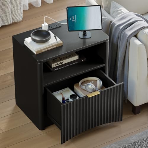 Image of Evermagin Fluted Nightstand with Charging Station, Black Bedside Table with Drawer and Storage, Wood End Table Mid Century Modern, Large Night Stand for Bedroom