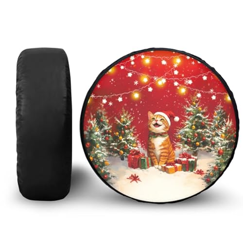 Image of Christmas Cute Cat Spare Tire Cover PU Leather, Wheel Protection Universal for SUV, Truck, RV, Camper, Trailer, 5 Sizes from 14-18 Inches, Accessories 15-Inch Fits Tire Diameter 27.6 inch-29.5 inch