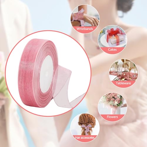 4 Rollen Geschenkband Rosa, 25mm x 45m Organzaband Satinband Schleifenband Hochzeit Seidenband Chiffonband Schmal Organza Dekoband Tüllband Ribbon Bänder zum Basteln für Geschenkverpackung