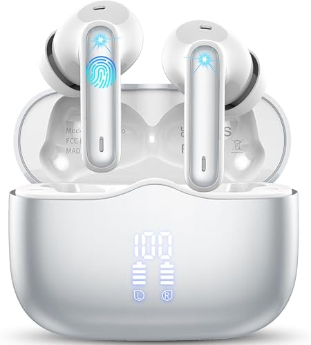 Wireless Earbuds, Bluetooth 5.3 Headphones in Ear with 4 ENC Noise Cancelling Mic, 40H Playtime Wireless Earphones HiFi Stereo Deep Bass, LED Display Bluetooth Earbuds, IP7 Waterproof, USB-C, Silver