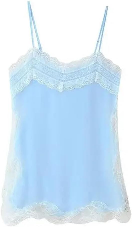 Women Daily Layering Satin High Low Tops Silk Spaghetti Strap Side Split Asymmetrical Top Silky
