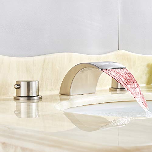 Senlesen Commercial 3 Holes Two Handles Lavatory Vanity Sink LED Waterfall Spout Widespread Bathroom Sink Faucet Brushed Nickel