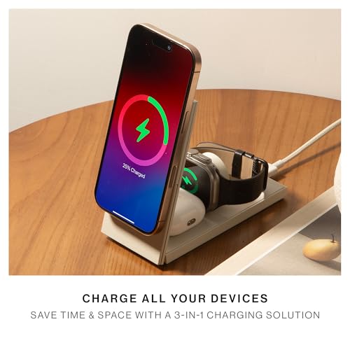 Image of Native Union Rise 3-in-1 Magnetic Wireless Charger - Qi2 Certified & MagSafe - 15W Fast-Charging Foldable Charging Stand for iPhone Air, 17 with Charging for AirPods(Pro) & Apple Watch (Sandstone)
