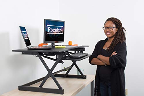 Rocelco R DADRB-46 Inch Large Height Adjustable Standing Desk Converter - Quick Sit Stand Up Triple Monitor Riser thumb #5