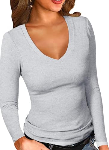 ELFIN Damen Langarmshirt Gerippt Stretch Pullover Sexy V Ausschnitt Langarm...