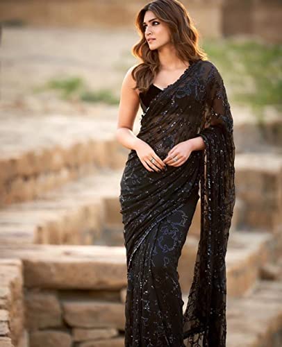 Image of Sidhidata Women's Sequence Work Georgette Saree With Blouse Piece (Kriti Sanon Sequence)