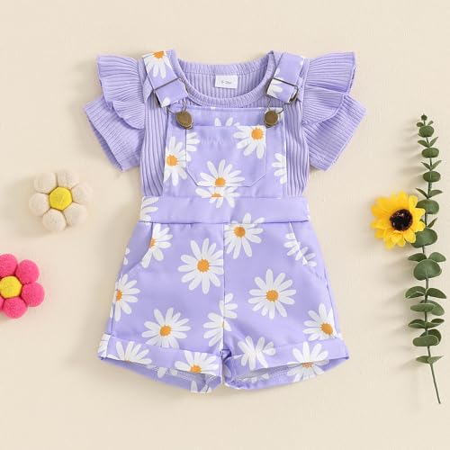 DSORVICD Newborn Baby Girl Summer Clothes Ribbed Ruffle Short Sleeve Romper Daisy Suspender Overall Shorts 2Pc Outfits3