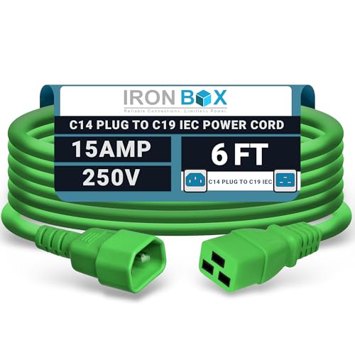 Image of IronBox Electric - Heavy-Duty C14 to C19 Power Cord, 15A, 250V, 14 /3 SJT - IEC60320 PC Cable for Computer Extensions, Monitor, PSU - C14 Male to C19 Female Connector Power Cable - (Green 6 Foot)