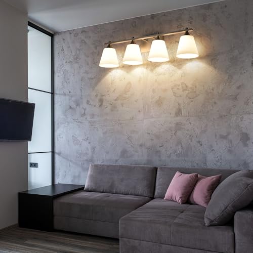 Image of Bathroom Vanity Light Fixtures, American Traditional Brushed Nickel 4 Lights Vanity Lighting Fixture with Opal Glass Shade, Porch Wall Mount Light Fixture for Bathroom, Mirror Cabinets Hallway Stairs