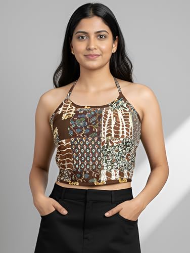 Image of Yash Gallery Women's Regular Fit Cotton Geomatrical Handblock Printed Freesize Backless Sleeveless Blouse
