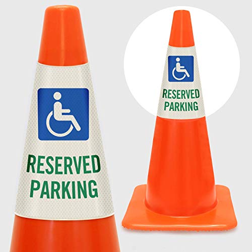 Image of SmartSign inchReserved Parking with Handicapped Symbol inch Bright Reflective Cone Message Sleeve, [Cone Not Included]