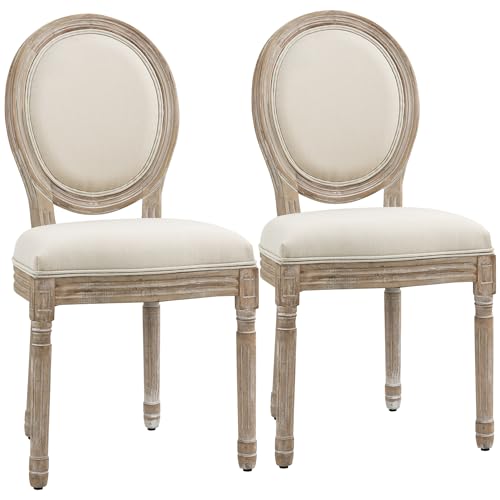 HOMCOM Lot de 2 chaises de Salle à Manger - Chaise de Salon médaillon Style Louis XVI - Bois Massif sculpté, patiné - Aspect Lin Beige