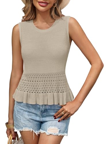 Image of Saodimallsu Womens Crochet Tank Top Sweater Vest | Sleeveless,Crew Neck,Pullover Top, Ruffle,Boho,Knit,Beach Vacation Outfits