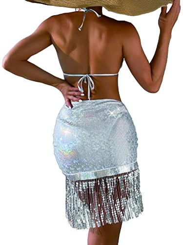 Women Bikini Sets Sparkly Glitter Contrast Sequin Halter Micro Triangle Swimsuit with Beach Skirt2